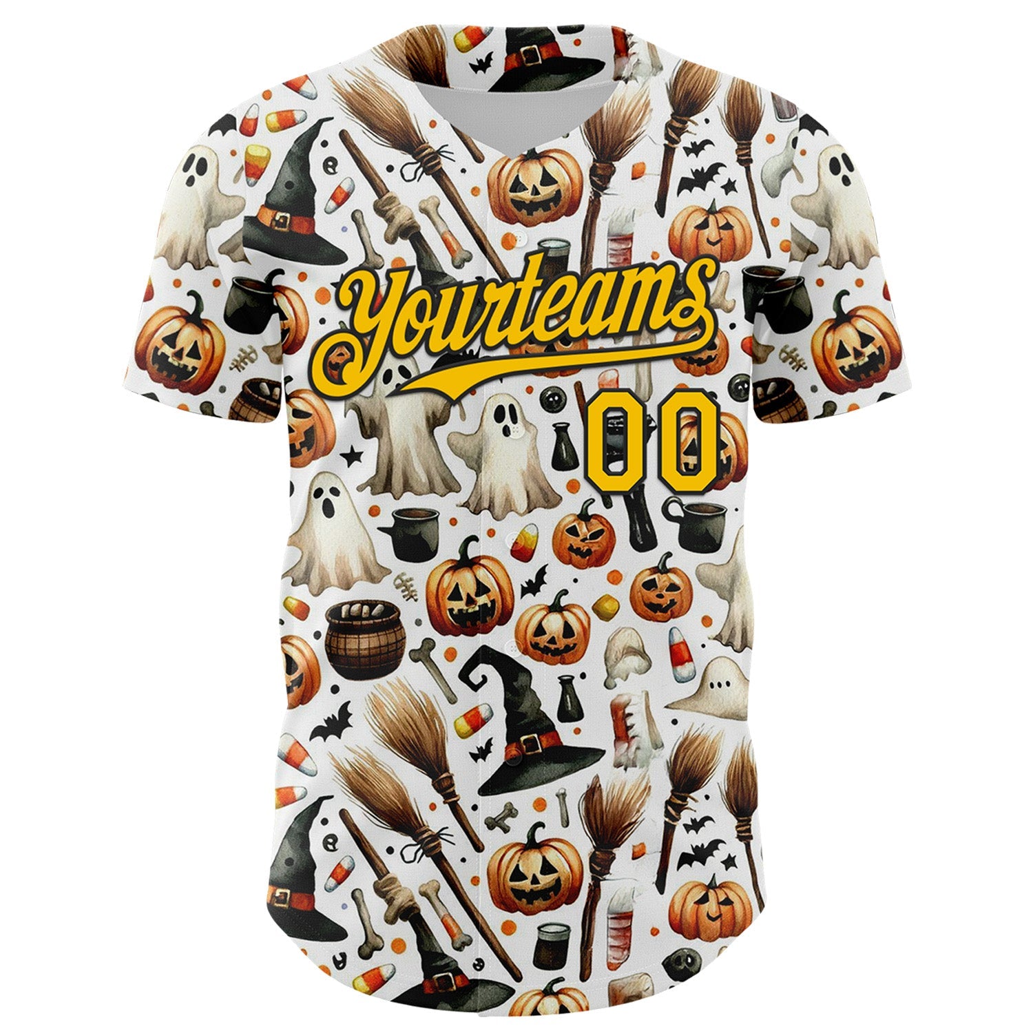 Custom White Yellow-Black 3D Halloween Spooky Pumpkin Authentic Baseball Jersey view 2