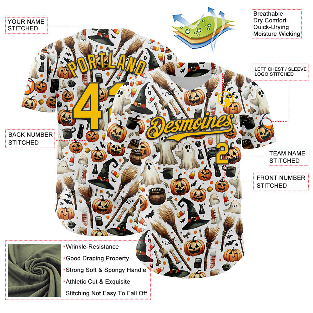 Custom White Yellow-Black 3D Halloween Spooky Pumpkin Authentic Baseball Jersey view 3