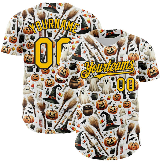 Custom White Yellow-Black 3D Halloween Spooky Pumpkin Authentic Baseball Jersey - Main View