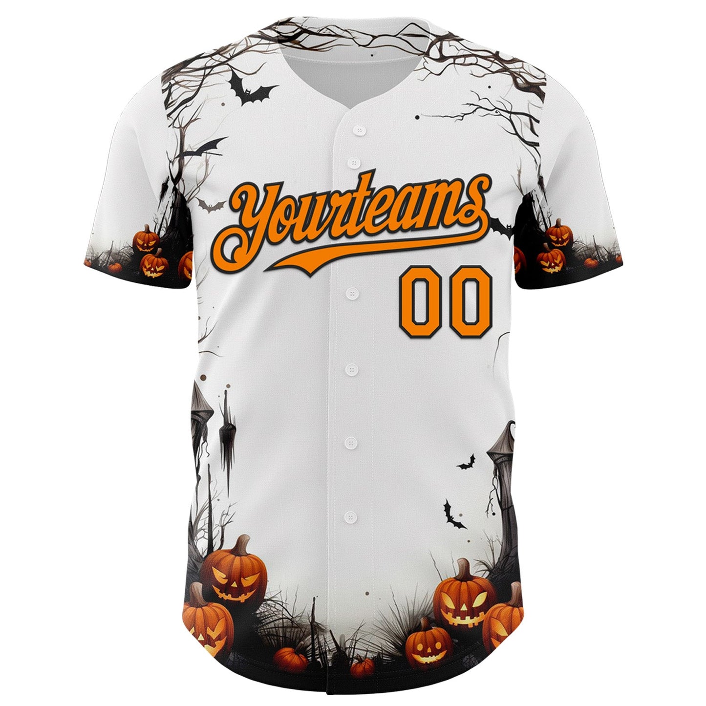 Custom White Bay Orange-Black 3D Halloween Spooky Pumpkin Authentic Baseball Jersey view 2