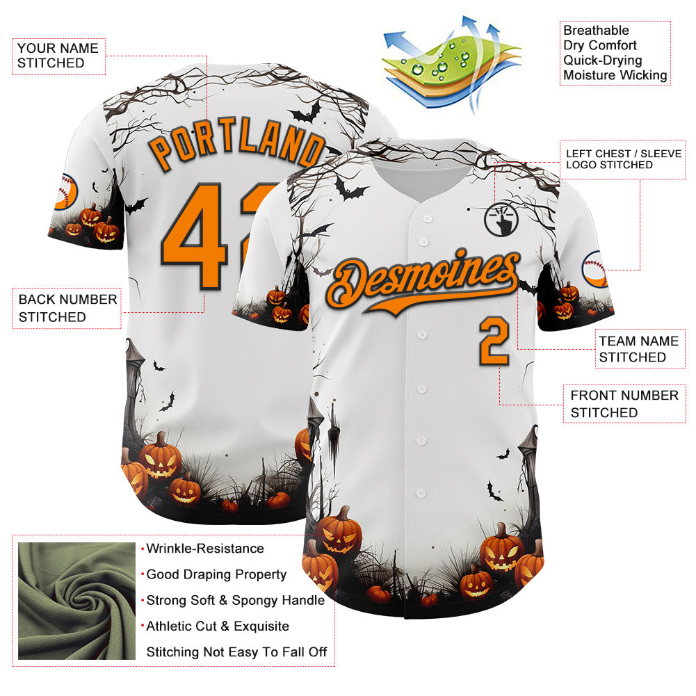 Custom White Bay Orange-Black 3D Halloween Spooky Pumpkin Authentic Baseball Jersey view 3