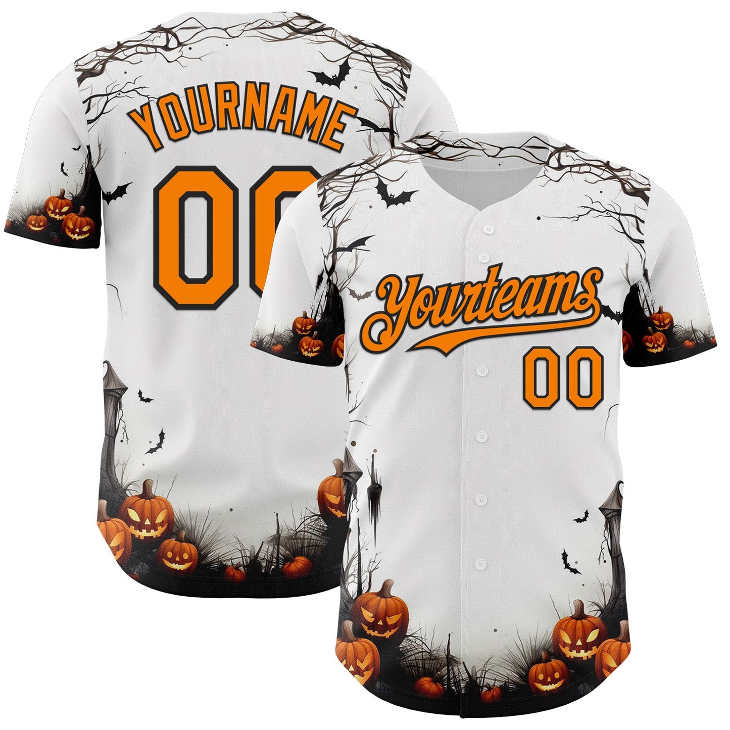 Custom White Bay Orange-Black 3D Halloween Spooky Pumpkin Authentic Baseball Jersey - Main View