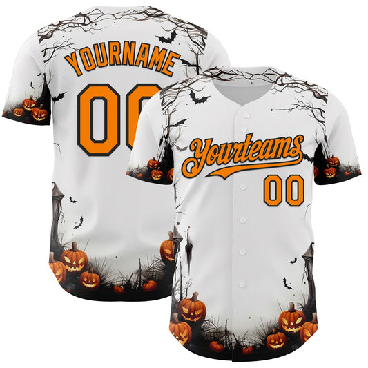 Custom White Bay Orange-Black 3D Halloween Spooky Pumpkin Authentic Baseball Jersey - Main View