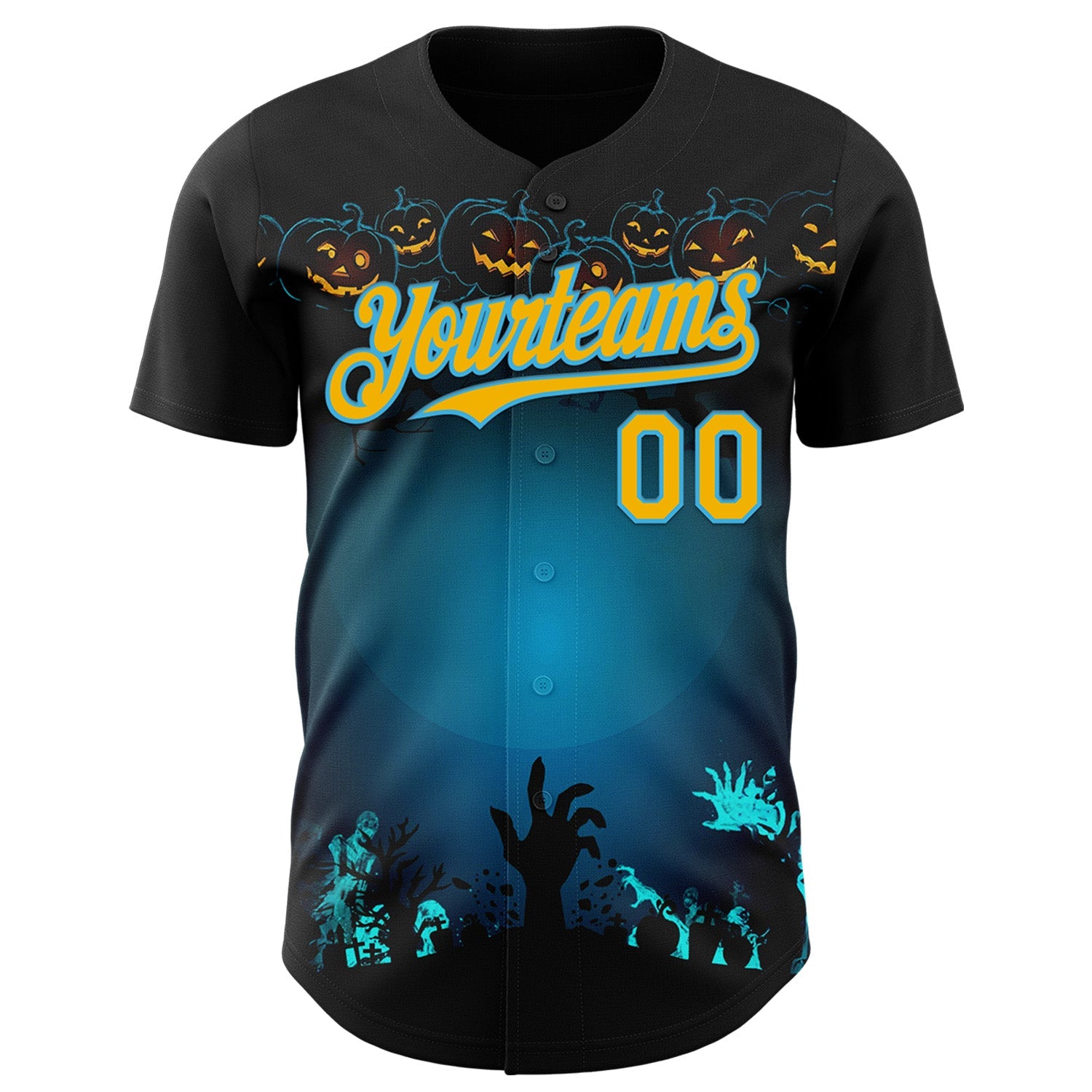 Custom Black Gold-Sky Blue 3D Halloween Spooky Pumpkin Zombies Authentic Baseball Jersey view 2