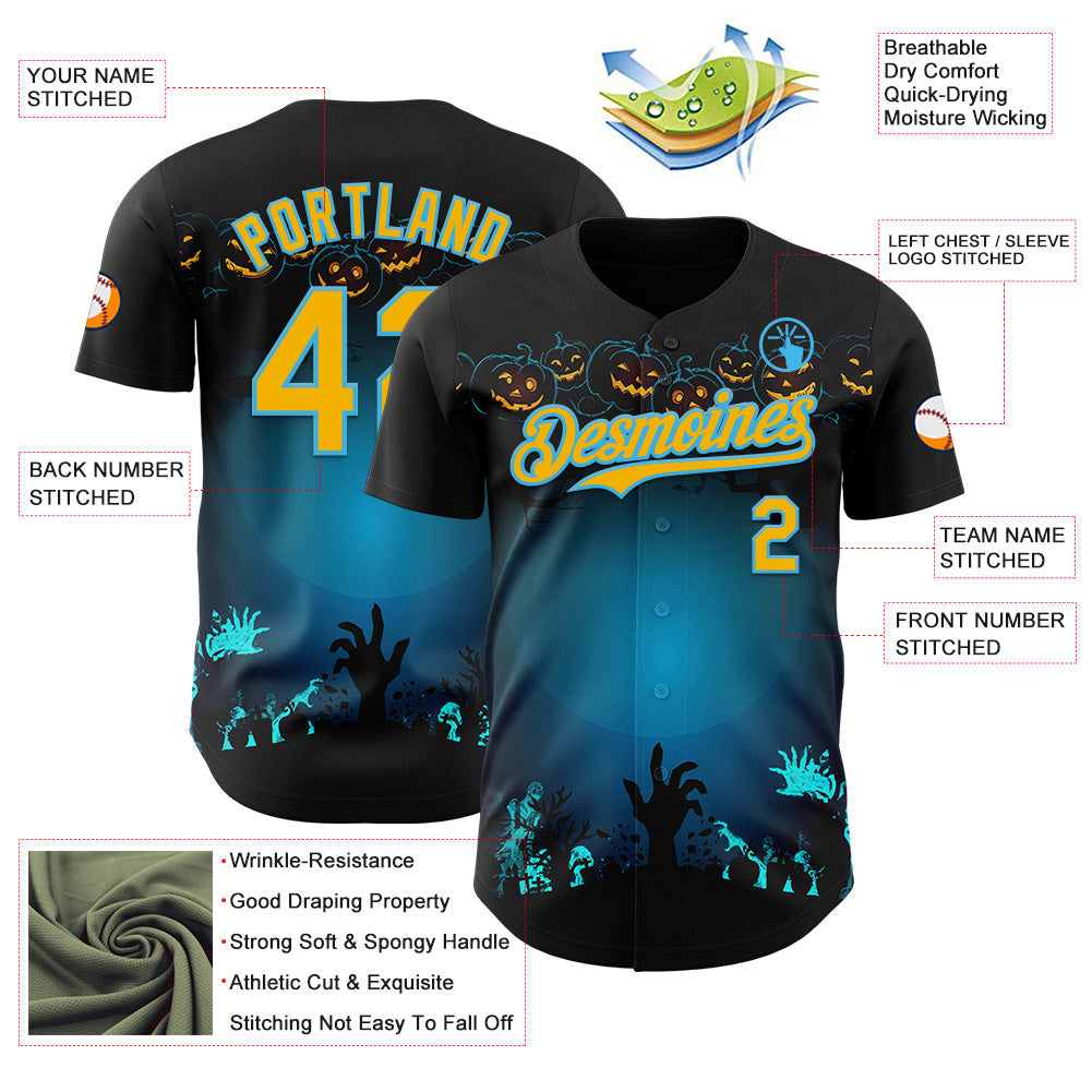 Custom Black Gold-Sky Blue 3D Halloween Spooky Pumpkin Zombies Authentic Baseball Jersey view 3