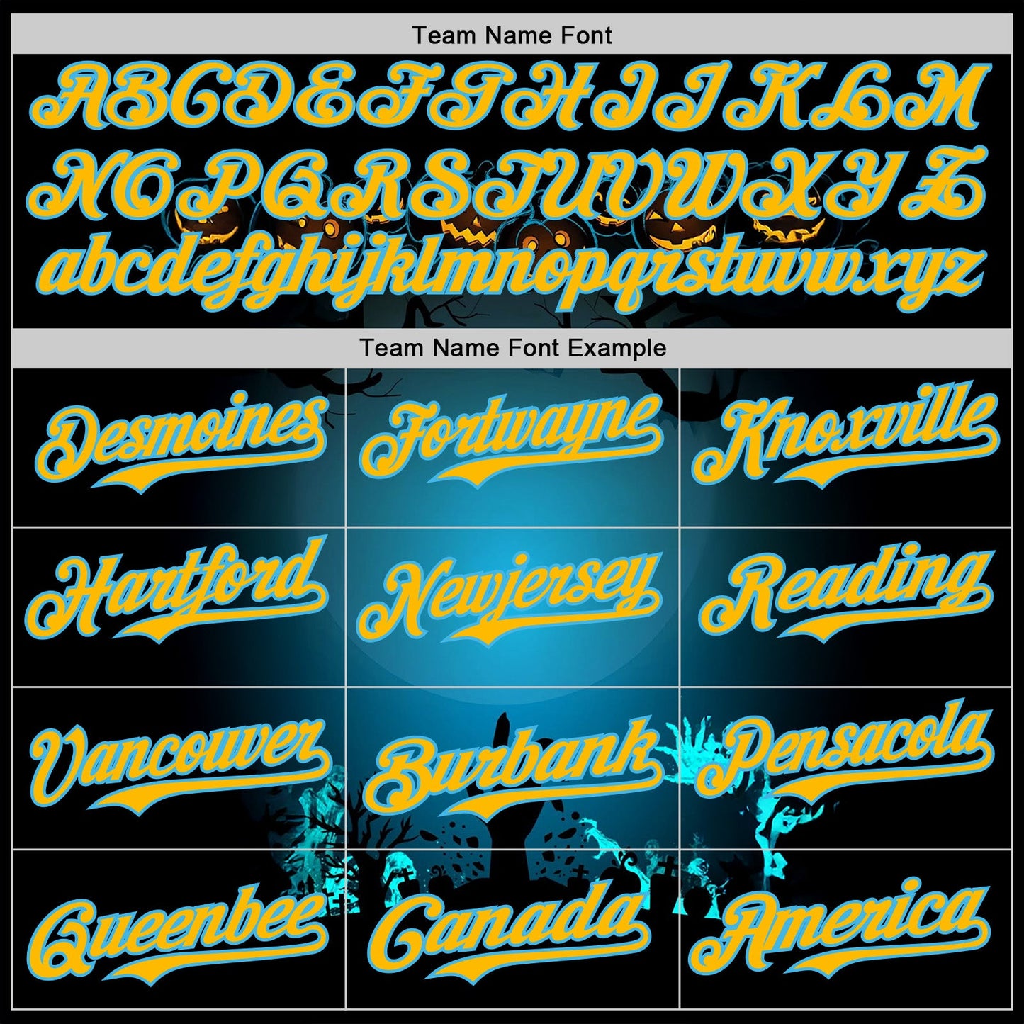 Custom Black Gold-Sky Blue 3D Halloween Spooky Pumpkin Zombies Authentic Baseball Jersey view 4