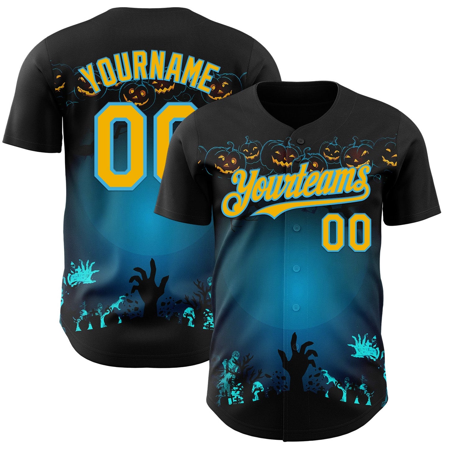 Custom Black Gold-Sky Blue 3D Halloween Spooky Pumpkin Zombies Authentic Baseball Jersey - Main View