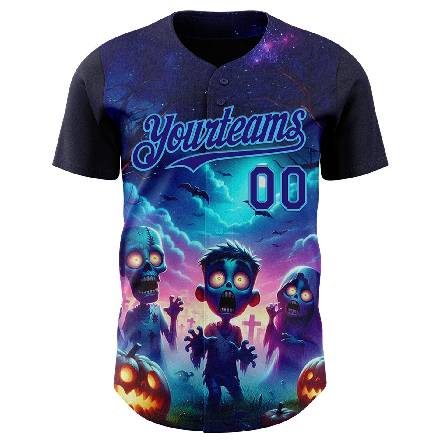 Custom Blue Dark Purple Black-Sky Blue 3D Halloween Spooky Pumpkin Zombies Authentic Baseball Jersey view 2