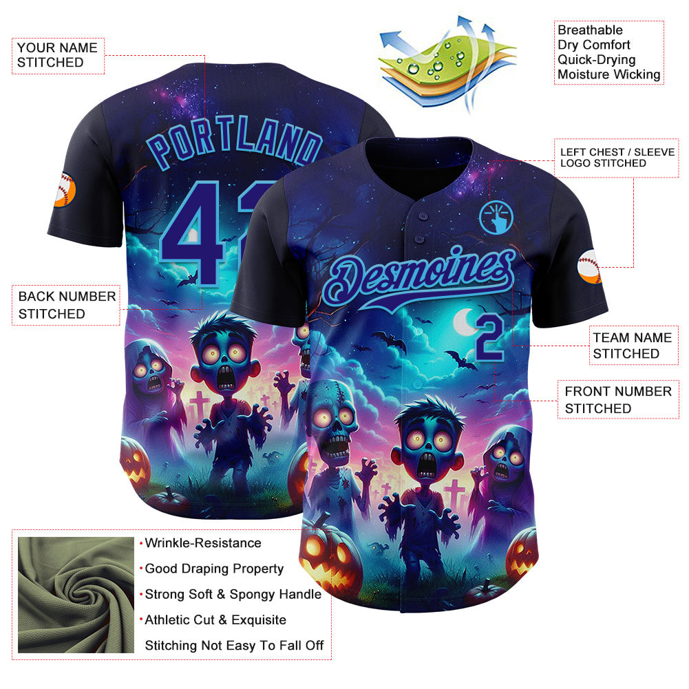 Custom Blue Dark Purple Black-Sky Blue 3D Halloween Spooky Pumpkin Zombies Authentic Baseball Jersey view 3