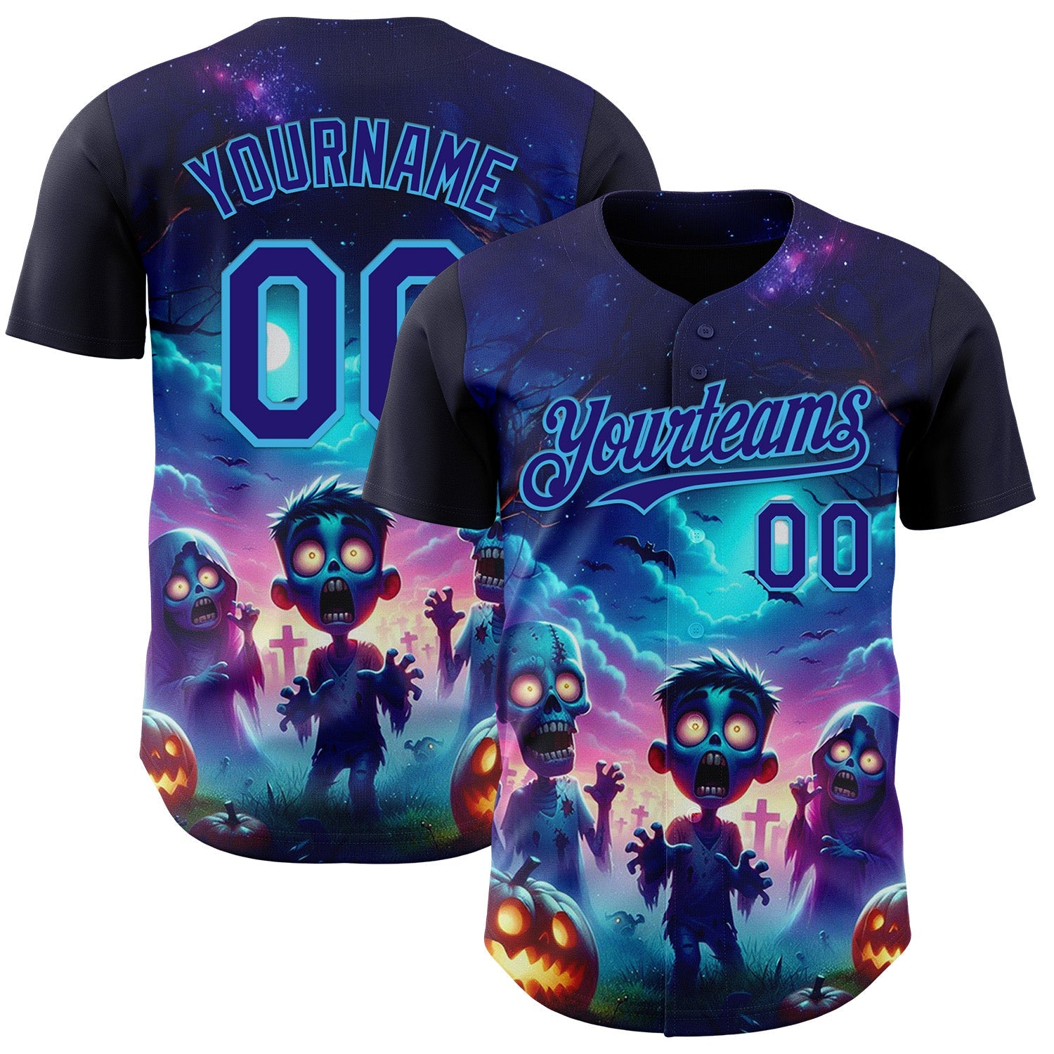 Custom Blue Dark Purple Black-Sky Blue 3D Halloween Spooky Pumpkin Zombies Authentic Baseball Jersey - Main View
