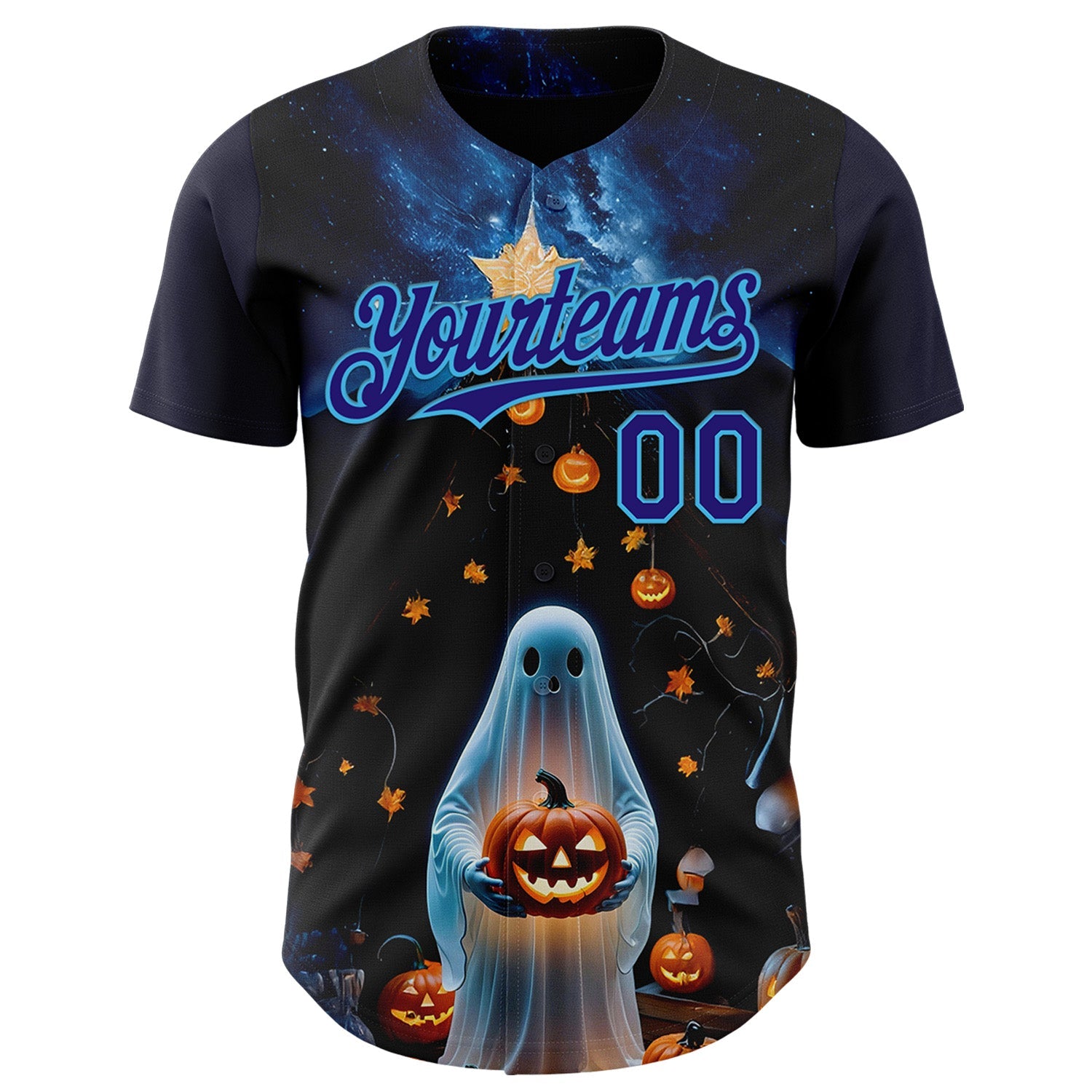 Custom Black Dark Purple-Sky Blue 3D Halloween Spooky Pumpkin Authentic Baseball Jersey view 2