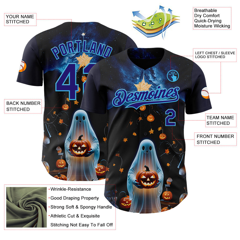 Custom Black Dark Purple-Sky Blue 3D Halloween Spooky Pumpkin Authentic Baseball Jersey view 3