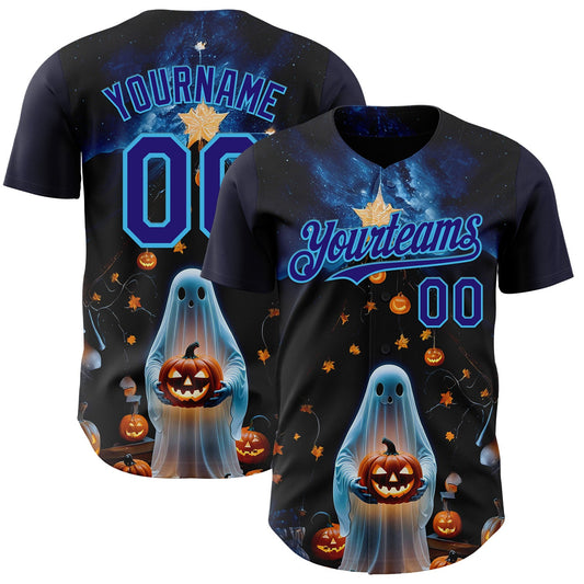Custom Black Dark Purple-Sky Blue 3D Halloween Spooky Pumpkin Authentic Baseball Jersey - Main View