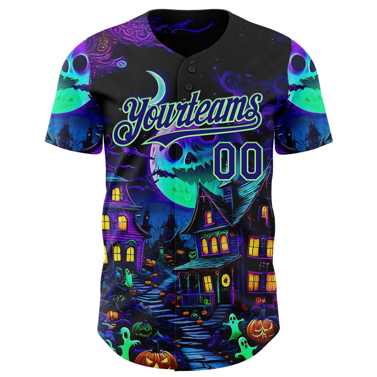 Custom Black Dark Purple-Pea Green 3D Halloween Spooky Pumpkin Authentic Baseball Jersey view 2