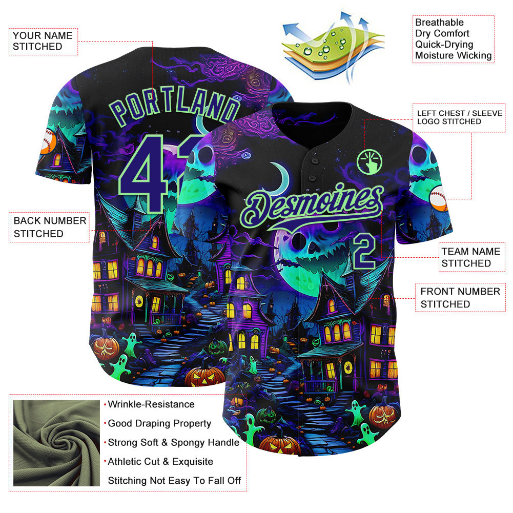 Custom Black Dark Purple-Pea Green 3D Halloween Spooky Pumpkin Authentic Baseball Jersey view 3