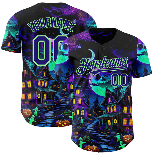 Custom Black Dark Purple-Pea Green 3D Halloween Spooky Pumpkin Authentic Baseball Jersey - Main View