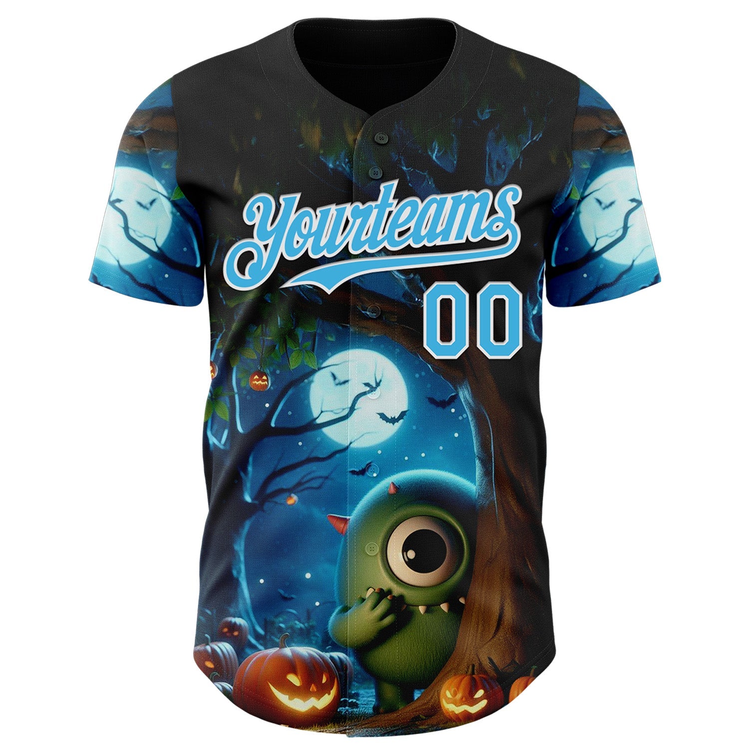 Custom Black Sky Blue-White 3D Halloween Spooky Pumpkin Authentic Baseball Jersey view 2