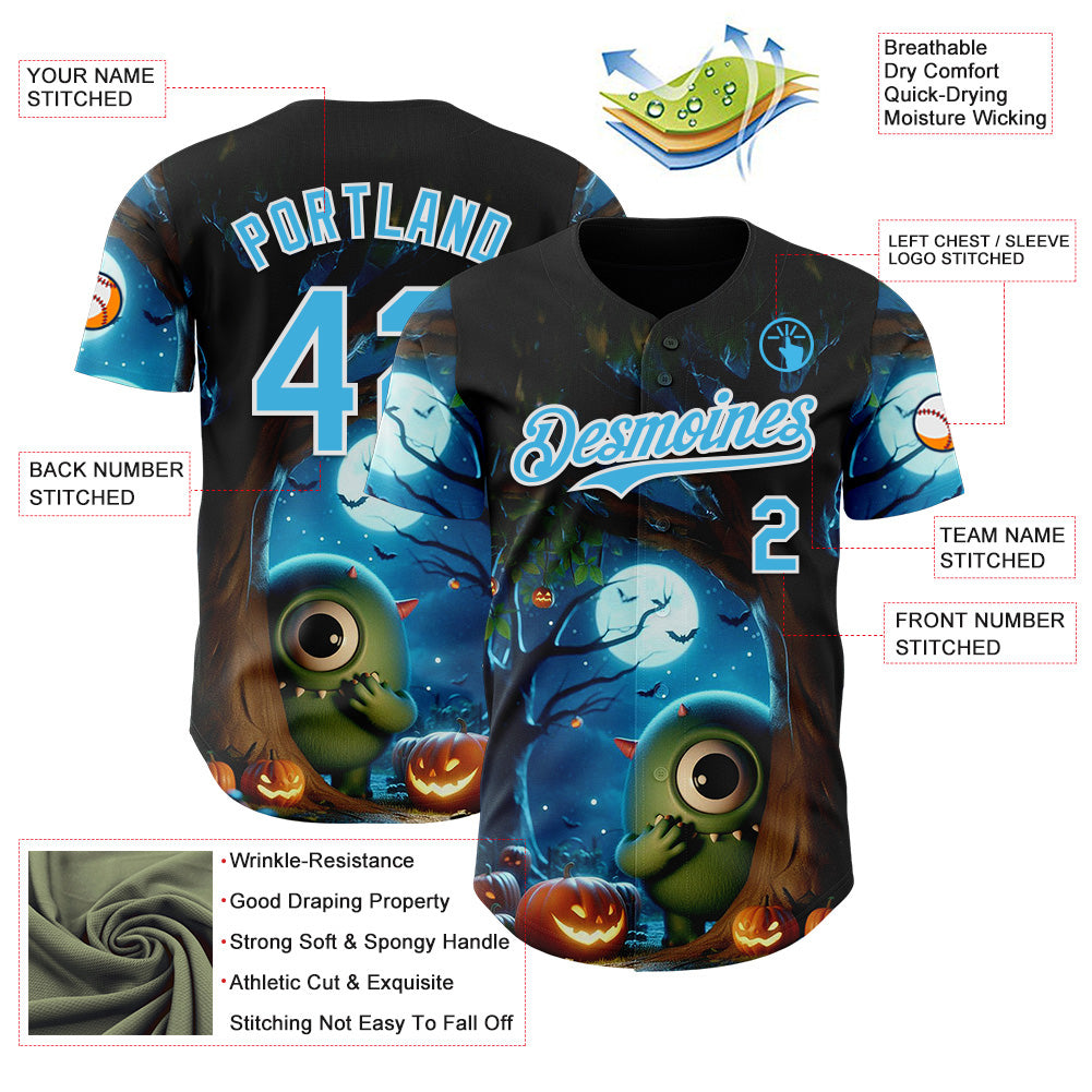 Custom Black Sky Blue-White 3D Halloween Spooky Pumpkin Authentic Baseball Jersey view 3