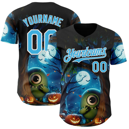 Custom Black Sky Blue-White 3D Halloween Spooky Pumpkin Authentic Baseball Jersey - Main View