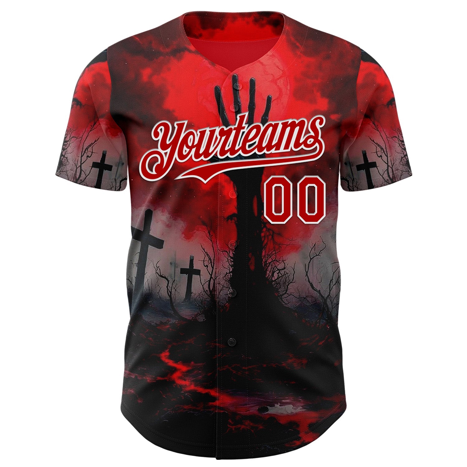 Custom Red Black-White 3D Halloween Spooky Horror Zombies Authentic Baseball Jersey view 2