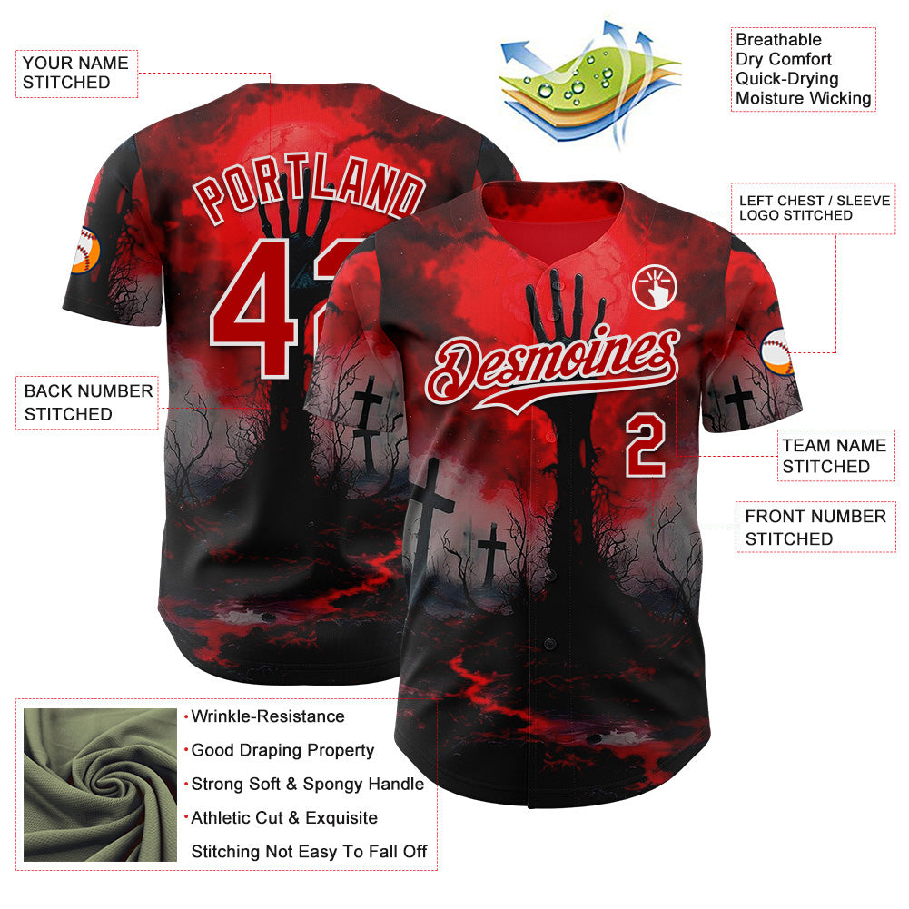 Custom Red Black-White 3D Halloween Spooky Horror Zombies Authentic Baseball Jersey view 3