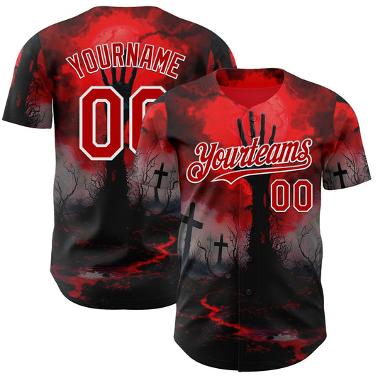 Custom Red Black-White 3D Halloween Spooky Horror Zombies Authentic Baseball Jersey - Main View