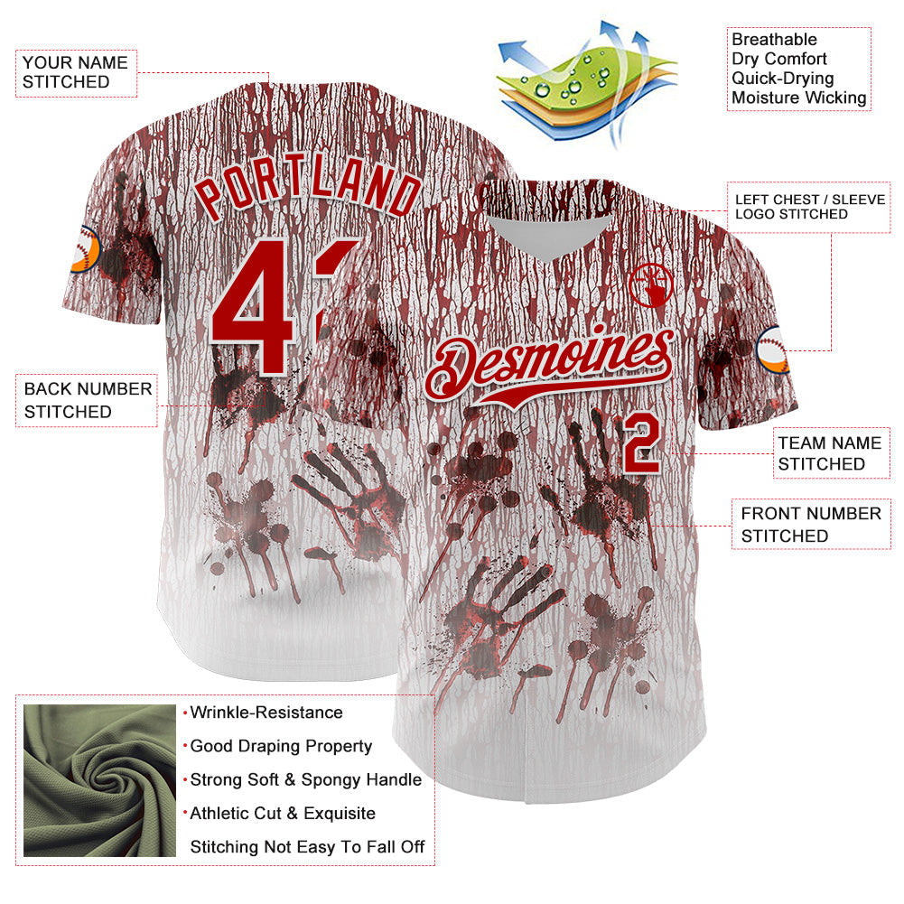 Custom White Red-Black 3D Halloween Creepy Blood Horror Authentic Baseball Jersey view 3