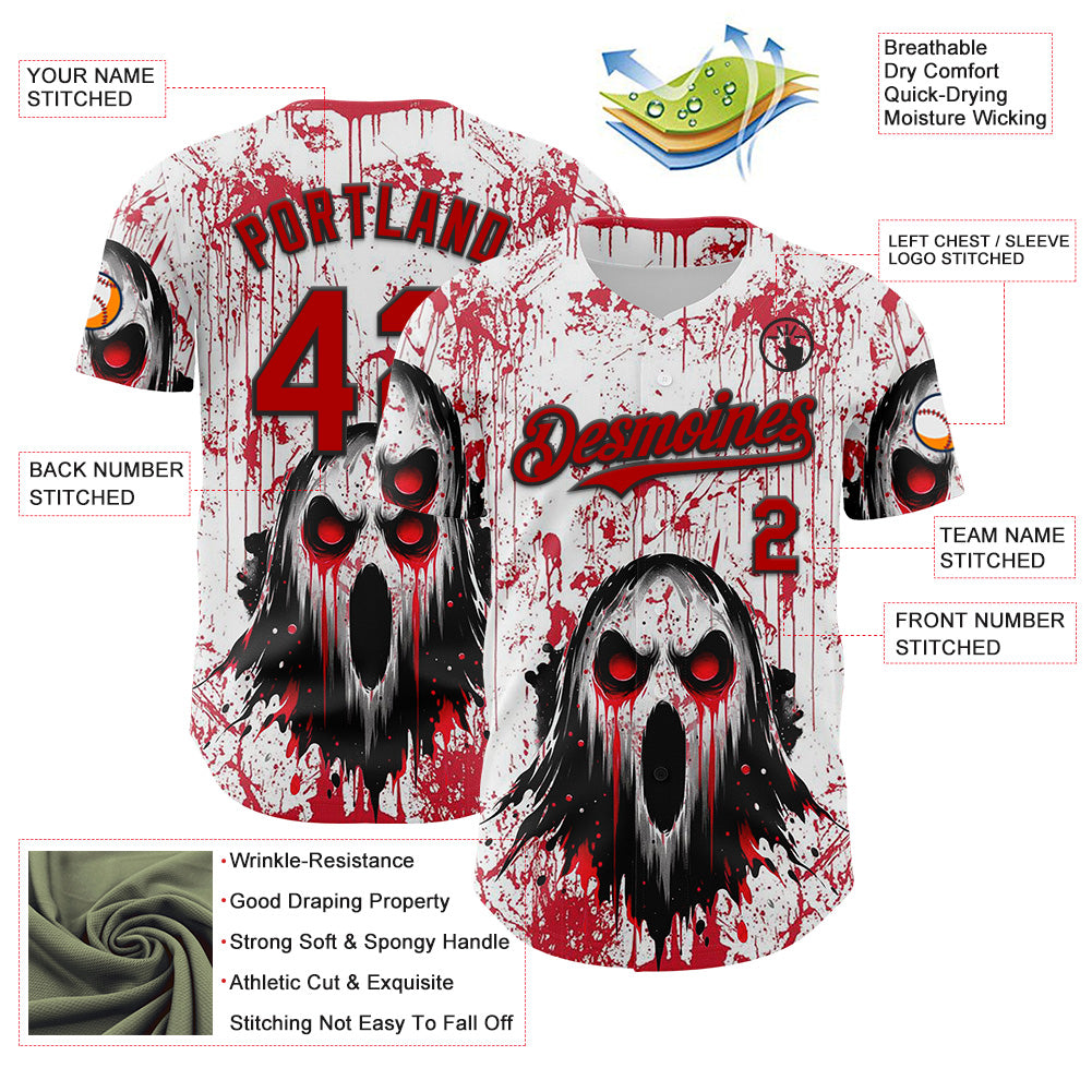 Custom White Red-Black 3D Halloween Creepy Blood Horror Authentic Baseball Jersey view 3