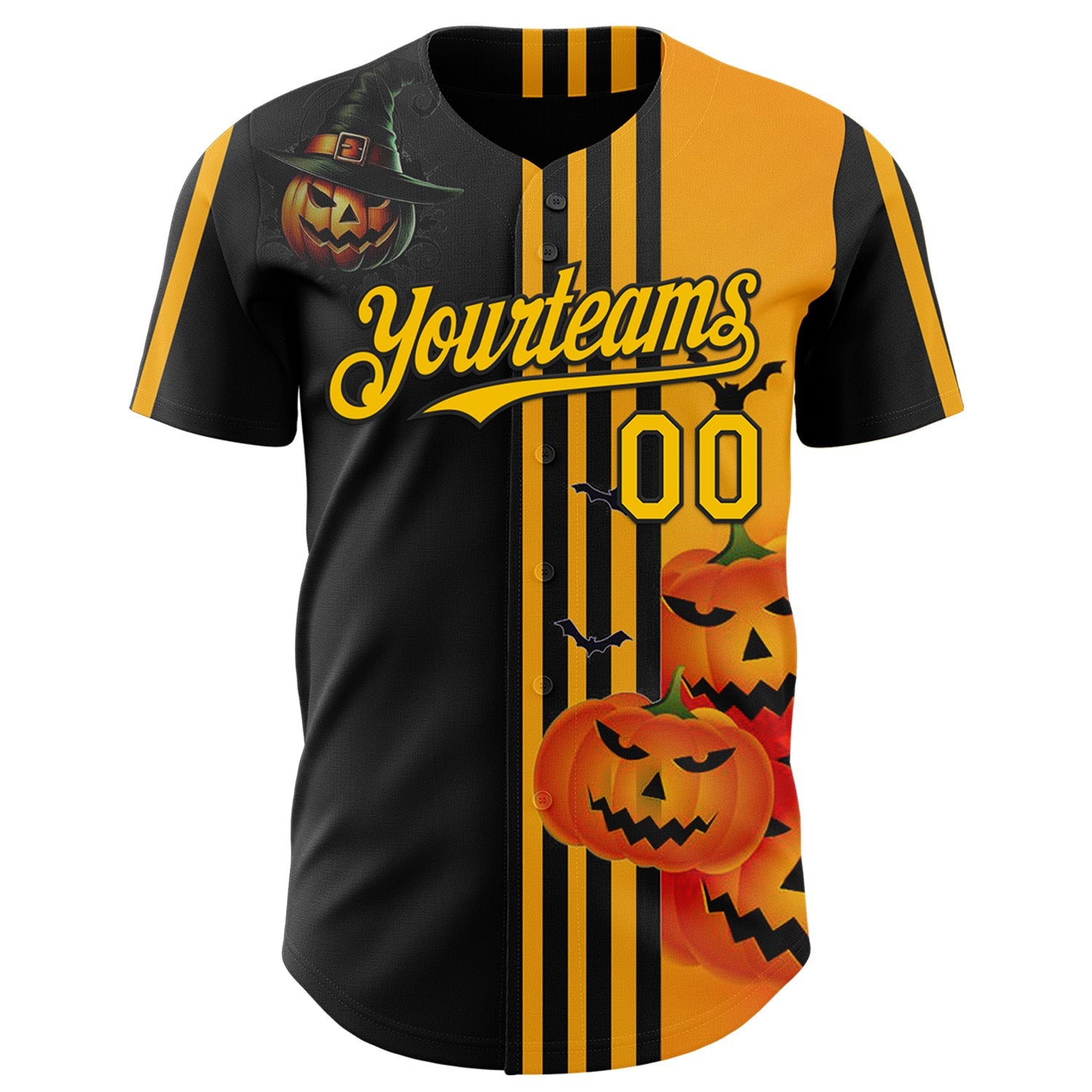 Custom Yellow Black 3D Halloween Spooky Pumpkin Stripe Authentic Baseball Jersey view 2