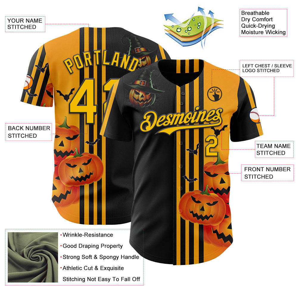 Custom Yellow Black 3D Halloween Spooky Pumpkin Stripe Authentic Baseball Jersey view 3