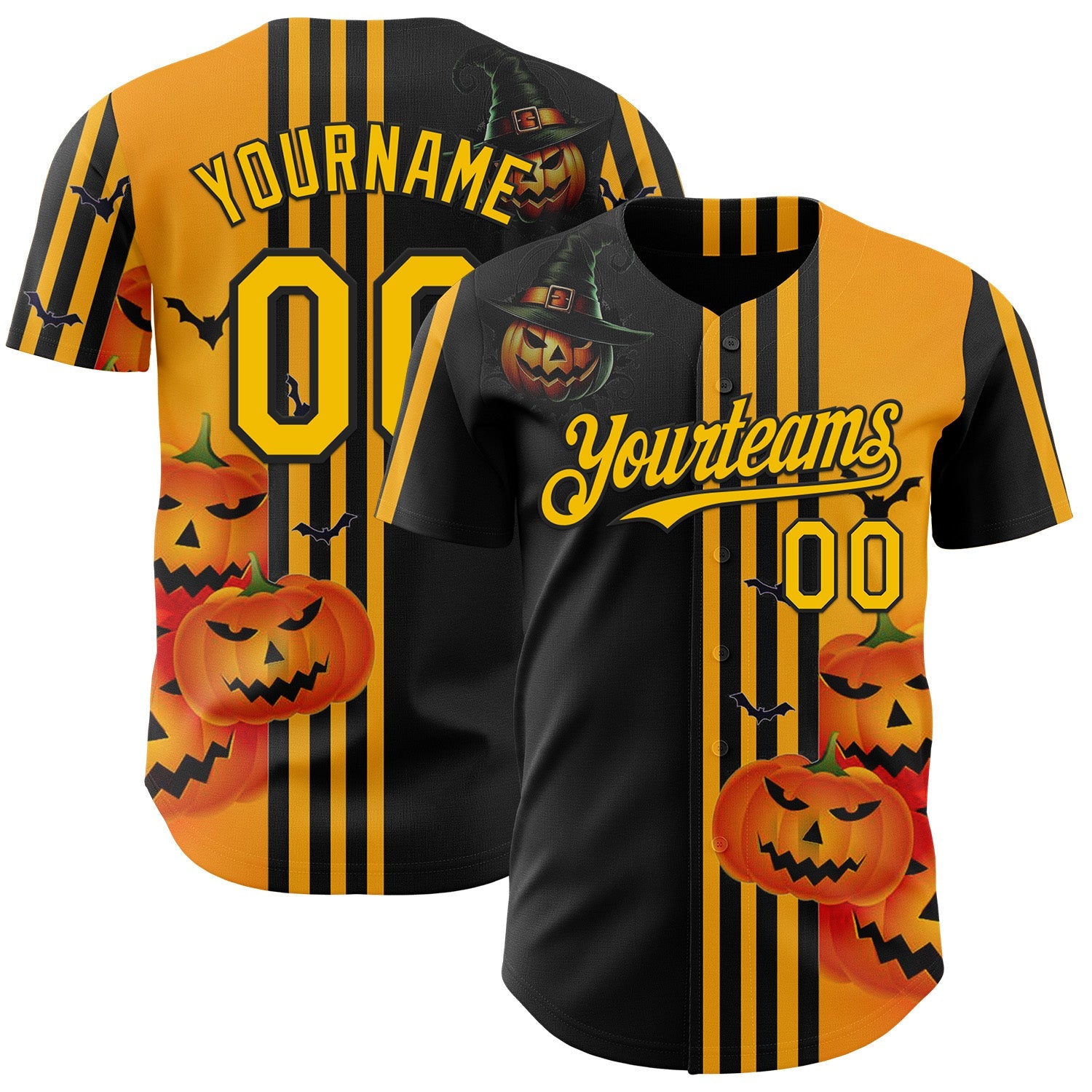 Custom Yellow Black 3D Halloween Spooky Pumpkin Stripe Authentic Baseball Jersey - Main View