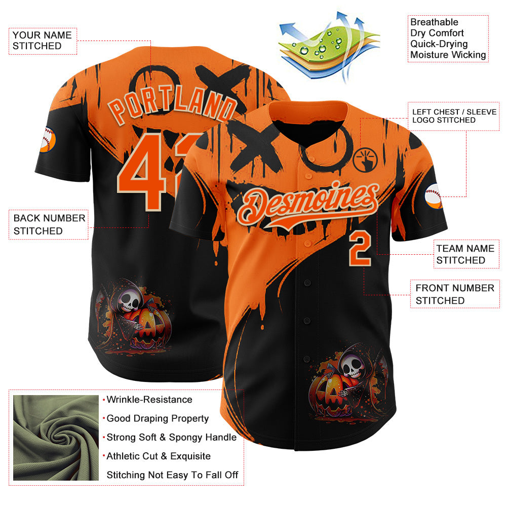 Custom Orange Black-City Cream 3D Halloween Spooky Pumpkin Graffiti Authentic Baseball Jersey view 3