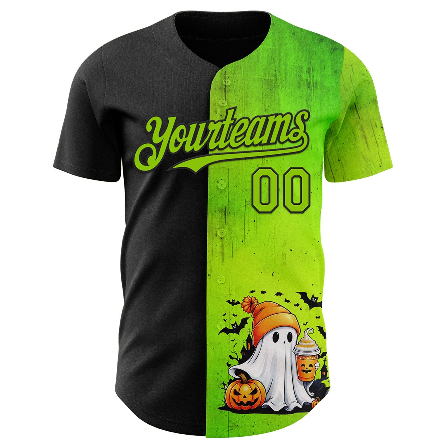 Custom Black Neon Green 3D Halloween Spooky Pumpkin Authentic Baseball Jersey view 2