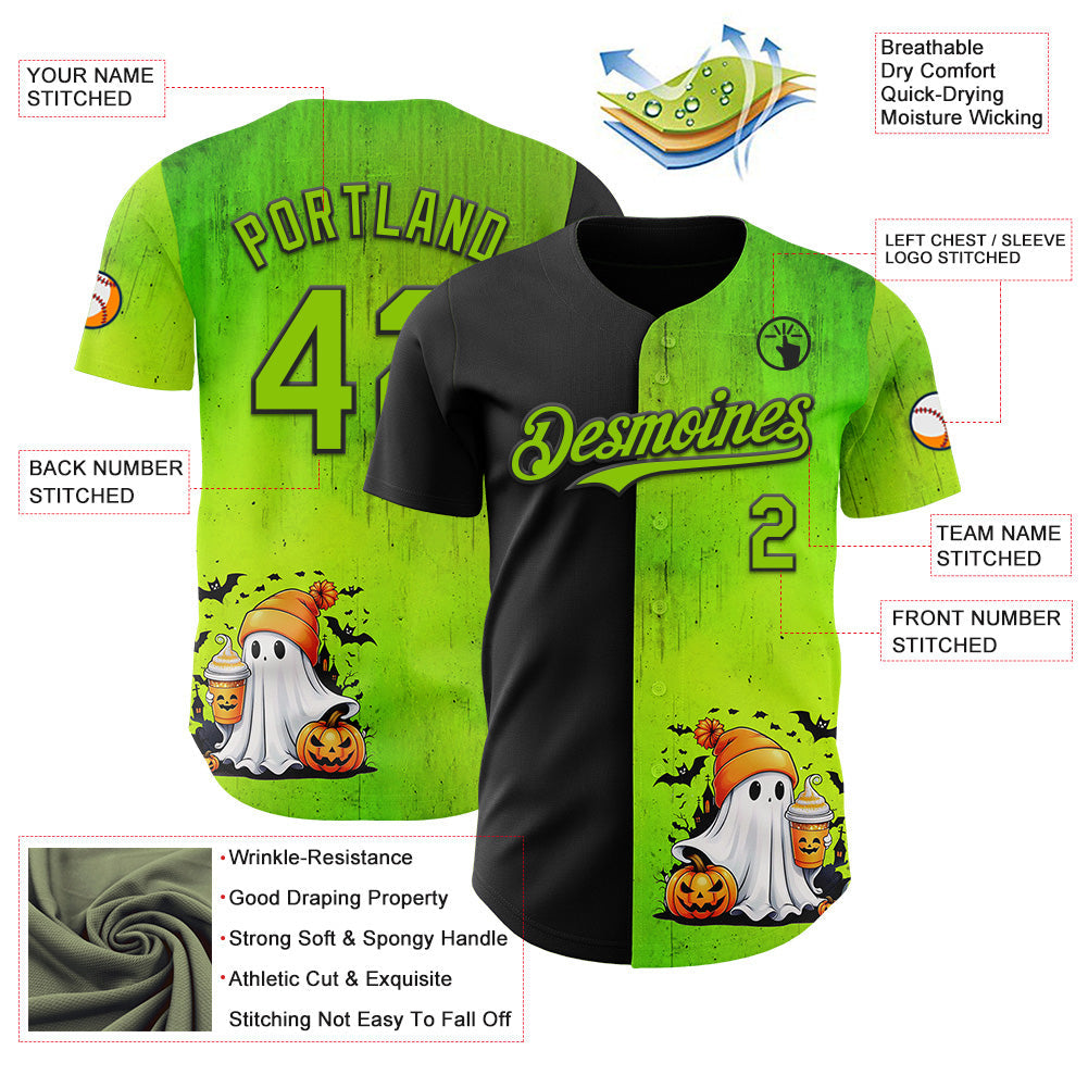 Custom Black Neon Green 3D Halloween Spooky Pumpkin Authentic Baseball Jersey view 3