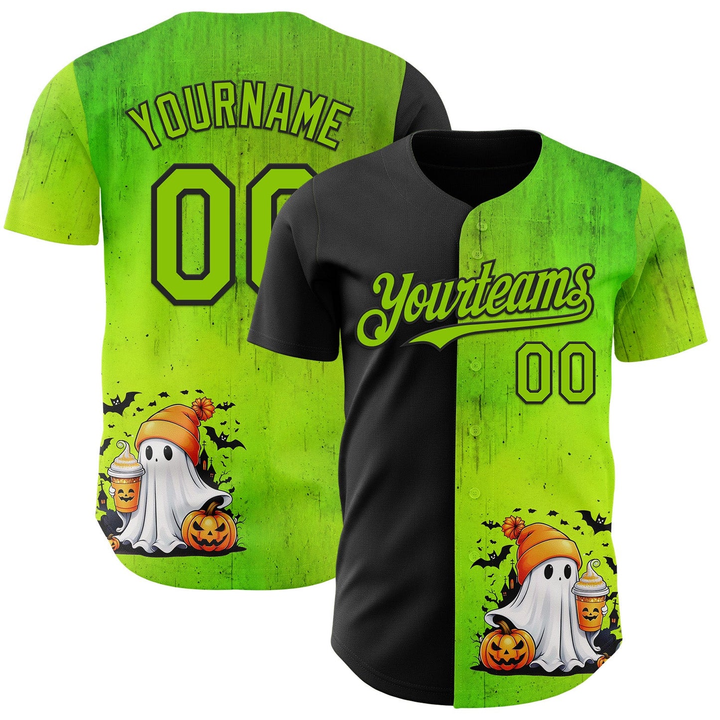 Custom Black Neon Green 3D Halloween Spooky Pumpkin Authentic Baseball Jersey - Main View