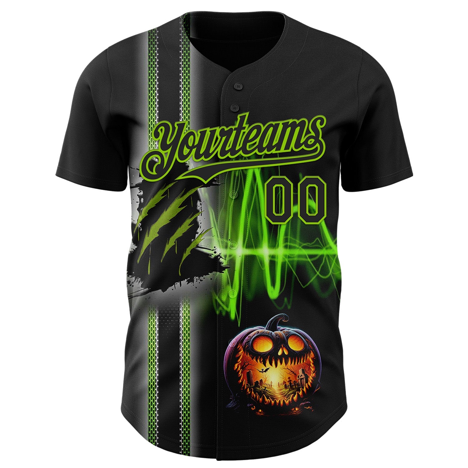 Custom Black Neon Green 3D Halloween Spooky Pumpkin Scratch Authentic Baseball Jersey view 2