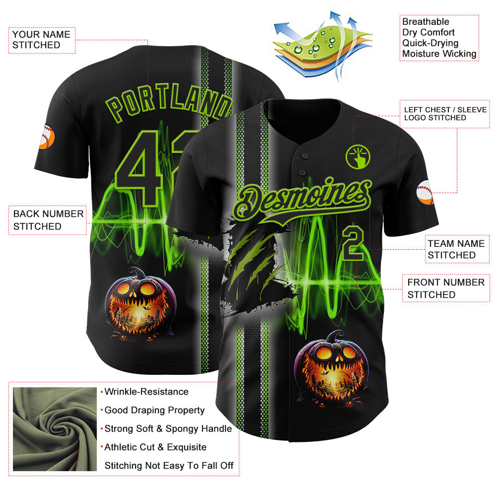 Custom Black Neon Green 3D Halloween Spooky Pumpkin Scratch Authentic Baseball Jersey view 3
