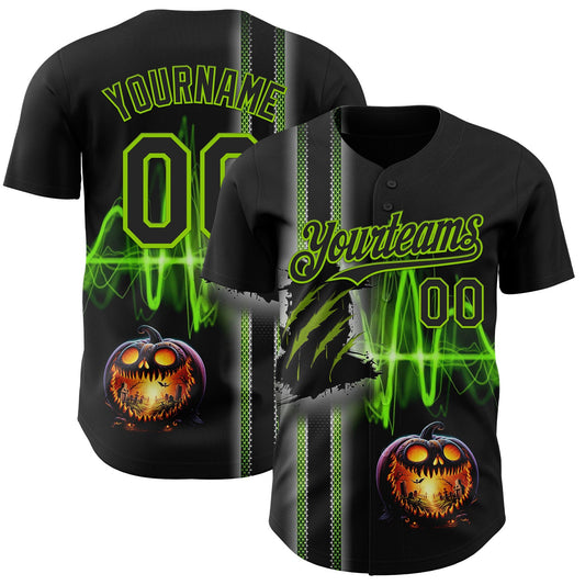 Custom Black Neon Green 3D Halloween Spooky Pumpkin Scratch Authentic Baseball Jersey - Main View