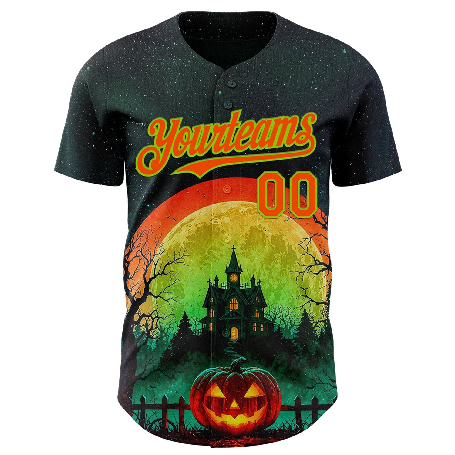 Custom Black Orange-Neon Green 3D Halloween Spooky Pumpkin Authentic Baseball Jersey view 2