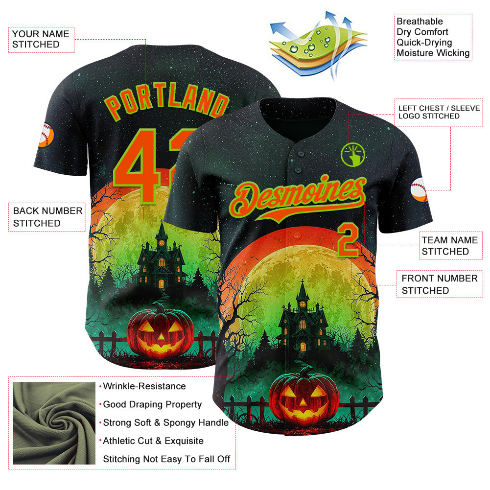 Custom Black Orange-Neon Green 3D Halloween Spooky Pumpkin Authentic Baseball Jersey view 3