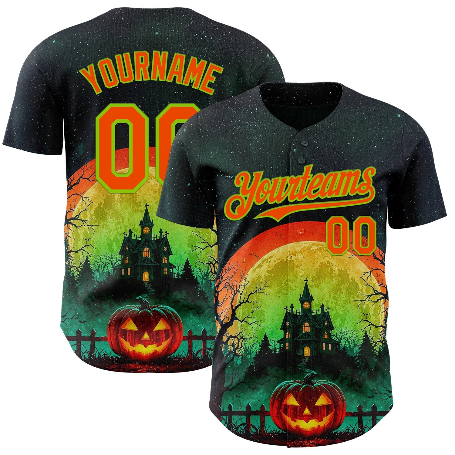 Custom Black Orange-Neon Green 3D Halloween Spooky Pumpkin Authentic Baseball Jersey - Main View