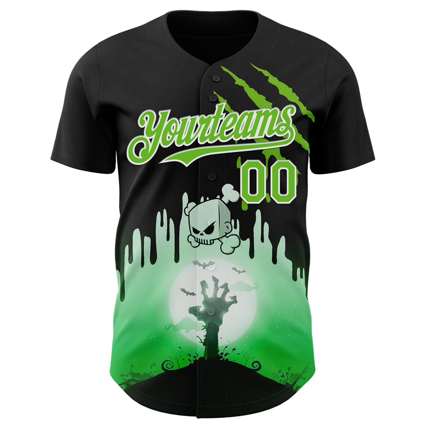 Custom Black Aurora Green-White 3D Halloween Spooky Zombies Scratch Authentic Baseball Jersey view 2