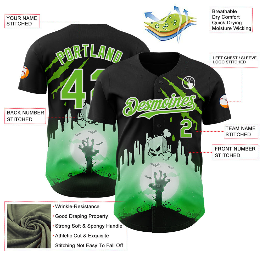 Custom Black Aurora Green-White 3D Halloween Spooky Zombies Scratch Authentic Baseball Jersey view 3