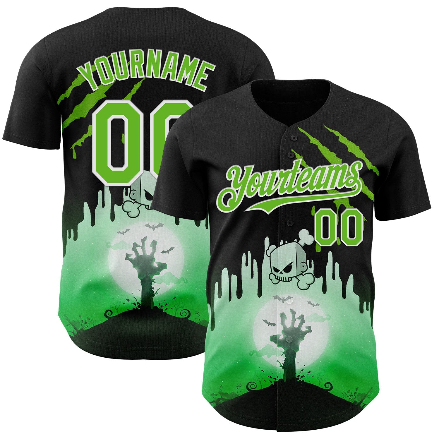 Custom Black Aurora Green-White 3D Halloween Spooky Zombies Scratch Authentic Baseball Jersey - Main View
