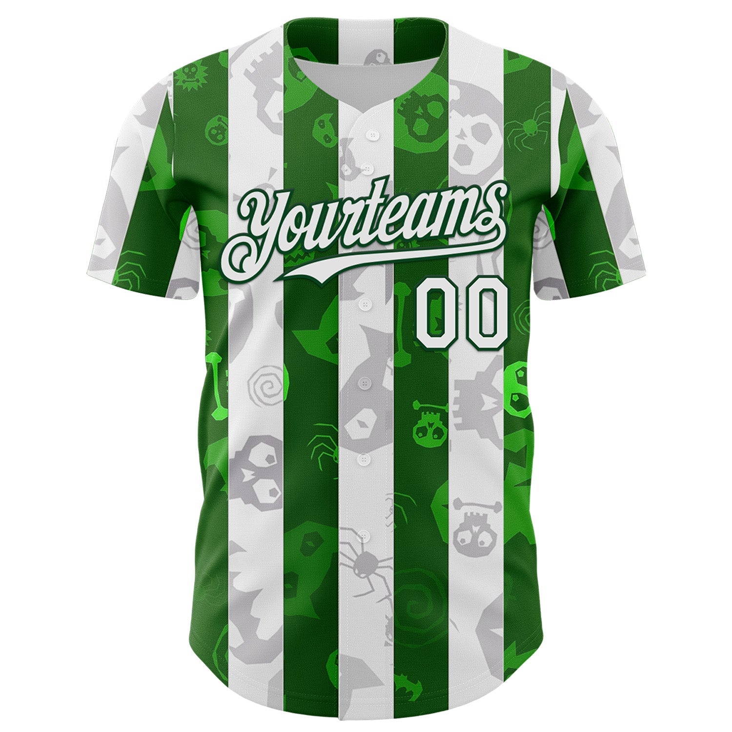 Custom White Green 3D Halloween Spooky Spider Stripe Authentic Baseball Jersey view 2