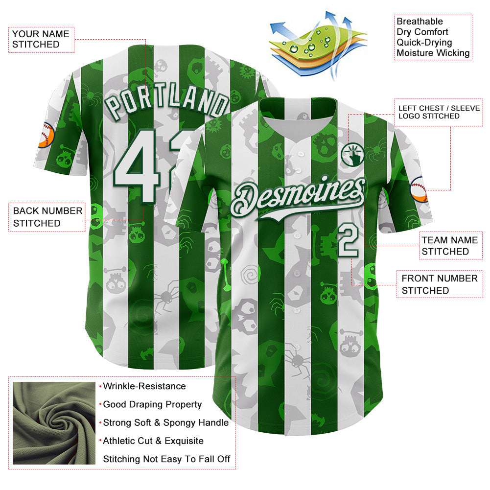Custom White Green 3D Halloween Spooky Spider Stripe Authentic Baseball Jersey view 3