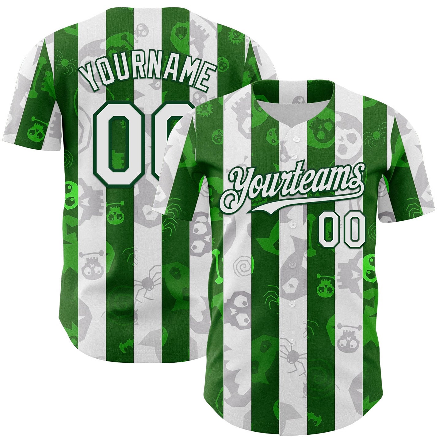 Custom White Green 3D Halloween Spooky Spider Stripe Authentic Baseball Jersey - Main View