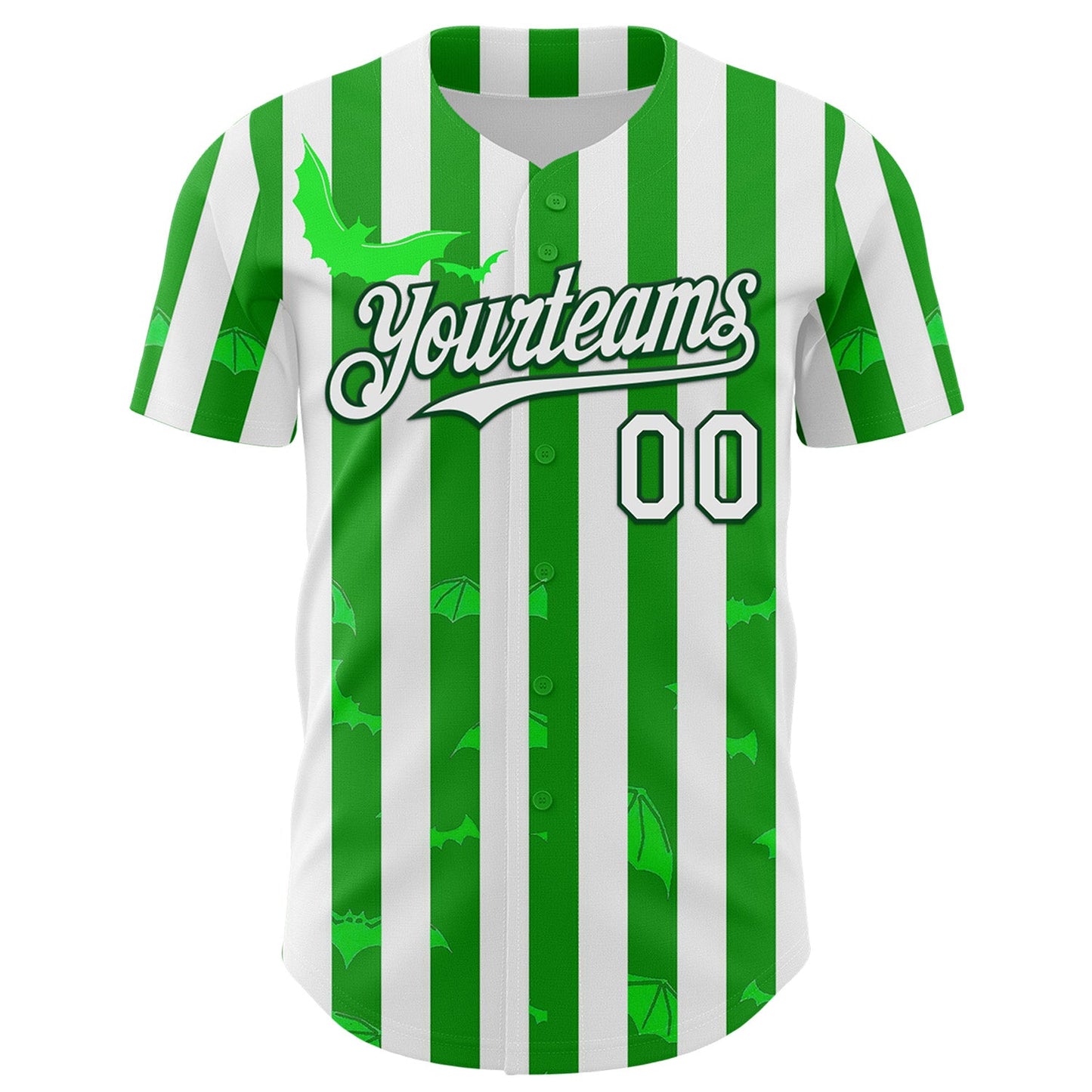 Custom White Green 3D Halloween Spooky Bat Stripe Authentic Baseball Jersey view 2
