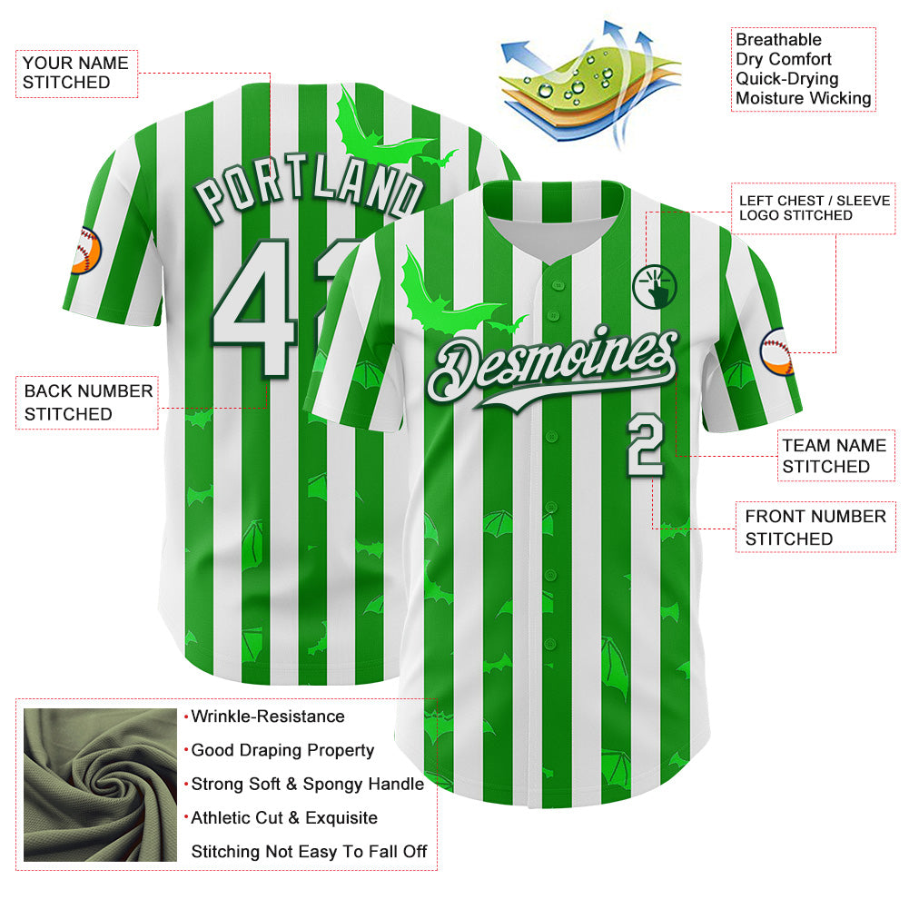 Custom White Green 3D Halloween Spooky Bat Stripe Authentic Baseball Jersey view 3