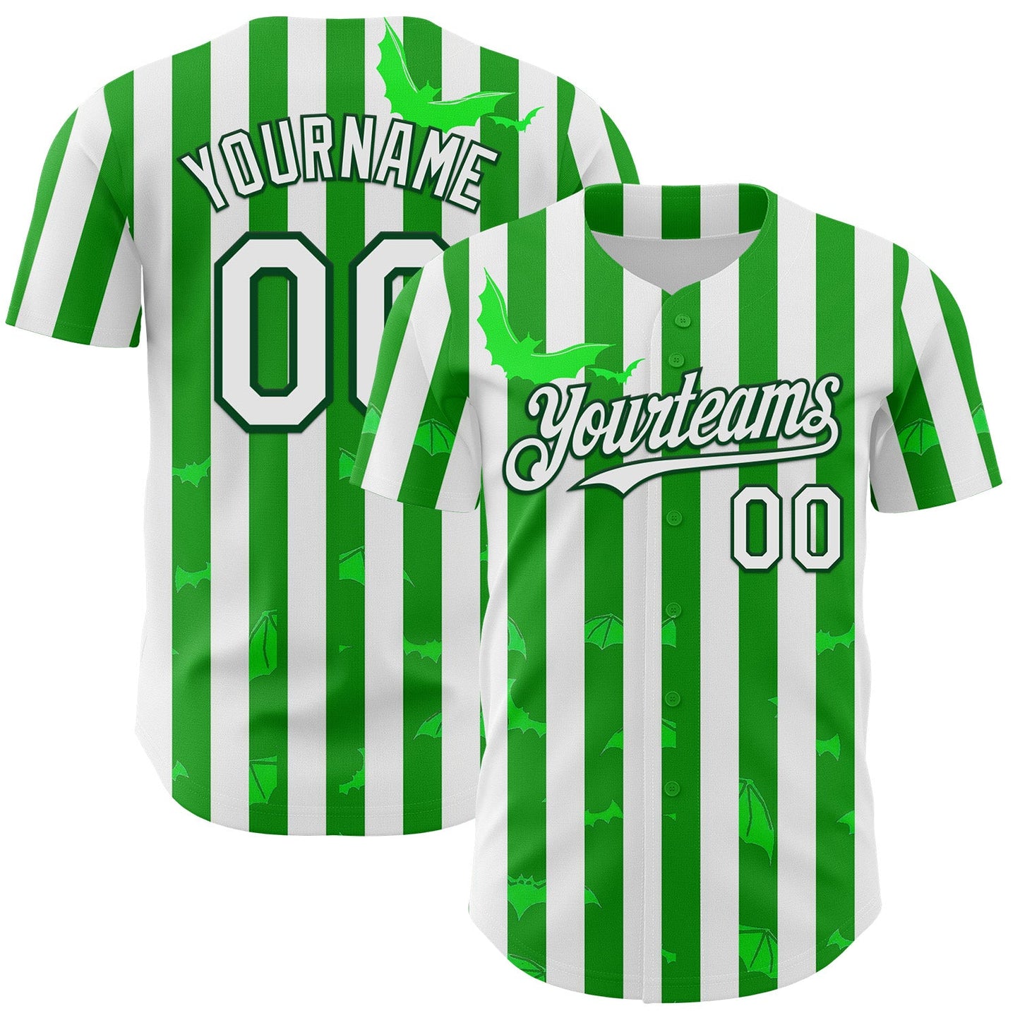 Custom White Green 3D Halloween Spooky Bat Stripe Authentic Baseball Jersey - Main View